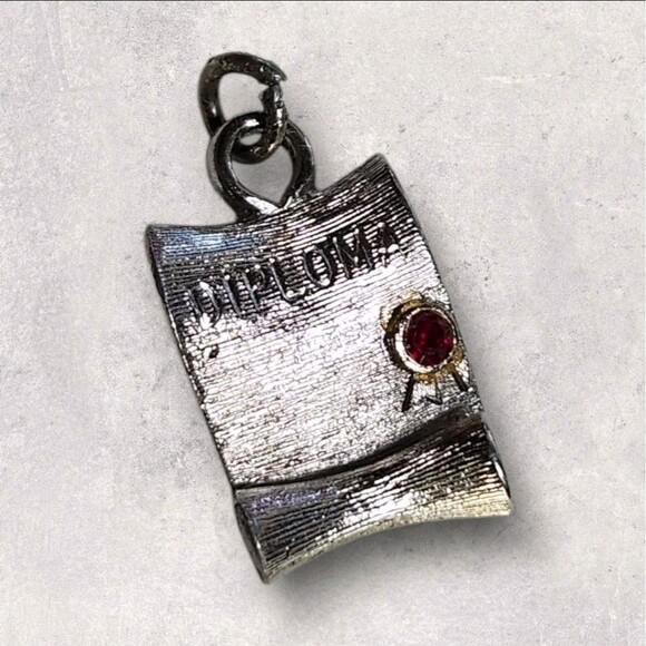 Vintage Sterling Silver Graduation Charms Set Owl w/ Red Eyes + Diploma Scroll - Picture 4 of 10